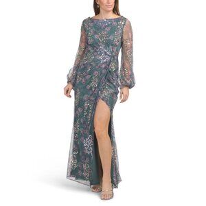 MAC DUGGAL Grey Multi Long Sleeve Sequin Embellished Gown